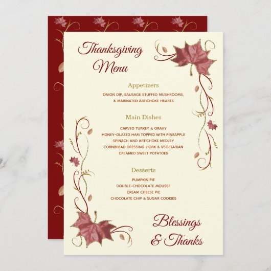 Erntedank Red Maple Blätter & Wirbel Menükarte (Vorne/Hinten)