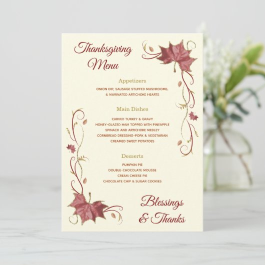 Erntedank Red Maple Blätter & Wirbel Menükarte (Stehend Vorderseite)
