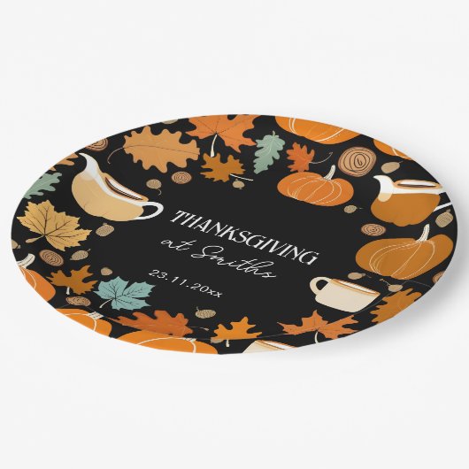 Erntedank Retro-Stil Kürbis Maple-Blätter Pappteller (Schrägansicht)