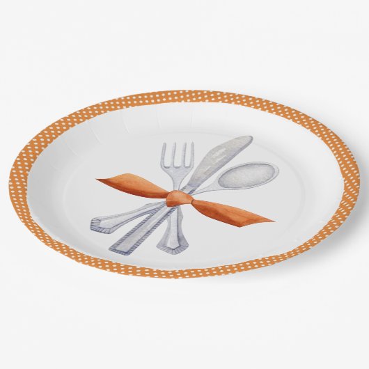 Erntedank Silverware mit Orange Bow Pappteller (Schrägansicht)