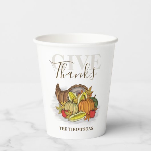 Erntedank Simple Cornucopia Elegante Danke Pappbecher (Rückseite)