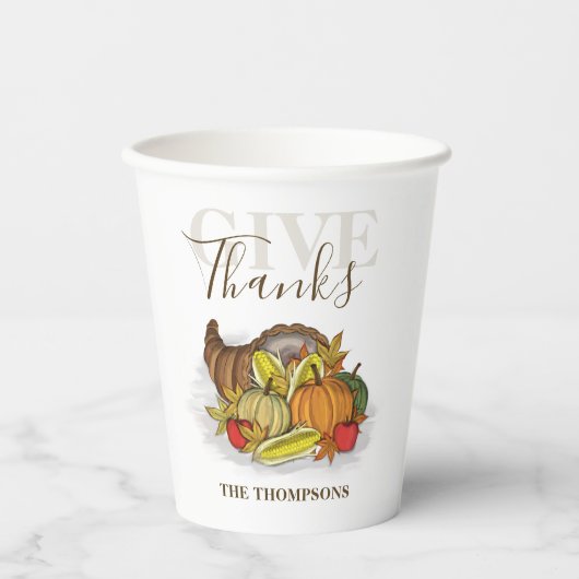 Erntedank Simple Cornucopia Elegante Danke Pappbecher (Vorderseite)