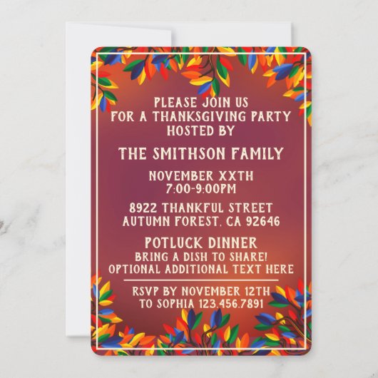 Erntedank Tree Colorful Funky Fall Tree Party Einladung (Rückseite)