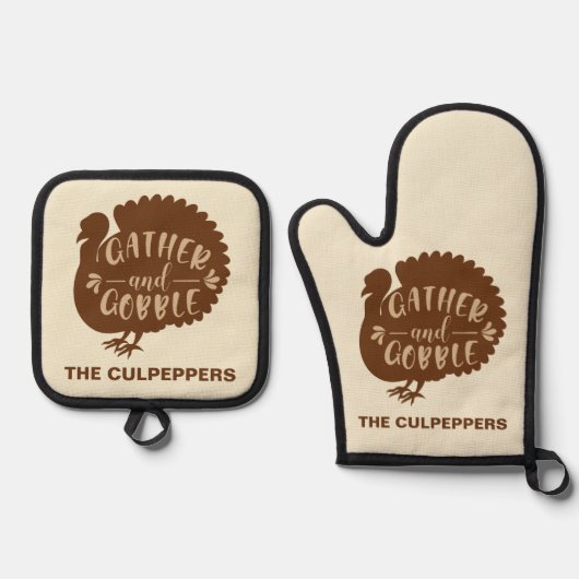 Erntedank Türkei Individuelle Name Gather und Gobb Ofenhandschuh & Topflappen-Set (Vorderseite)