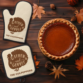 Erntedank Türkei Individuelle Name Gather und Gobb Ofenhandschuh & Topflappen-Set