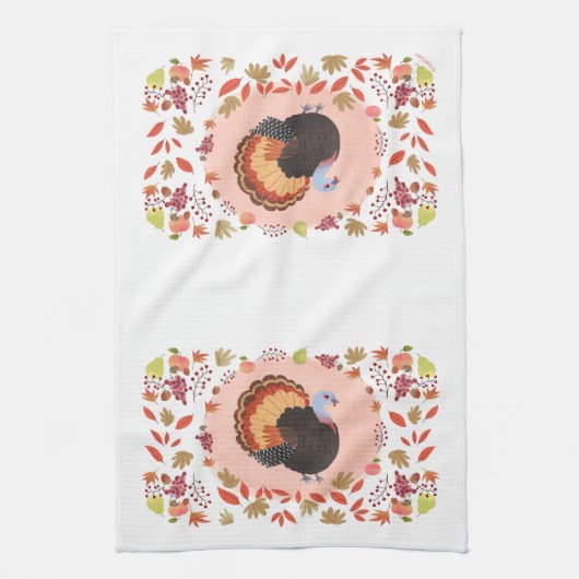 Erntedank Türkei und Herbstlaub Geschirrtuch (Vertikal)