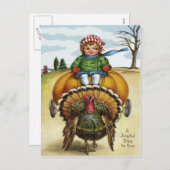 Erntedank Turkey Boy Riding Pumpkin Feiertagspostkarte (Vorne/Hinten)