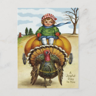 Erntedank Turkey Boy Riding Pumpkin Feiertagspostkarte