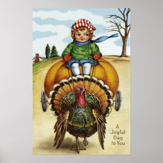 Erntedank Turkey Boy Riding Pumpkin Poster (Vorne)