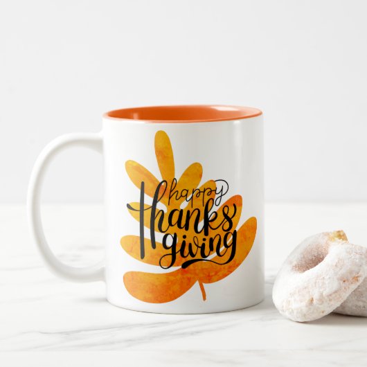 Erntedank Typografie mit Fallleaf Zweifarbige Tasse (Mit Donut)
