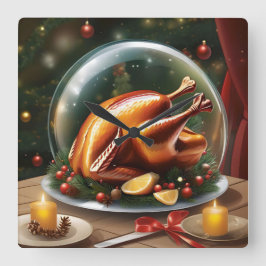 Erntedank- und Weihnachtstruthahn unter Glaskuppel Quadratische Wanduhr