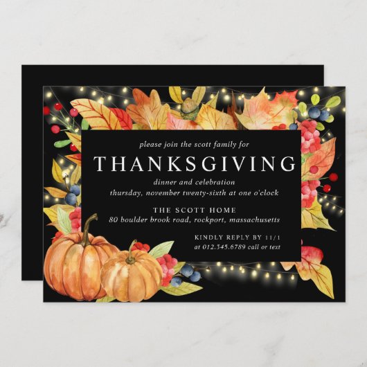 Erntedank von Pumpkin String Lights im Herbst Einladung (Vorne/Hinten)