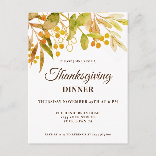 Erntedank Wasserfarbe Einladung Postkarte (Vorderseite)