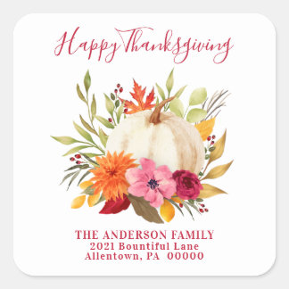 ERNTEDANK WATERCOLOR FLORAL PUMPKIN ADRESSE QUADRATISCHER AUFKLEBER