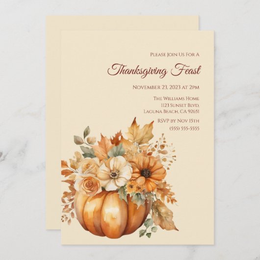 Erntedank Watercolor Pumpkin Blumendesign- Einladung (Vorne/Hinten)