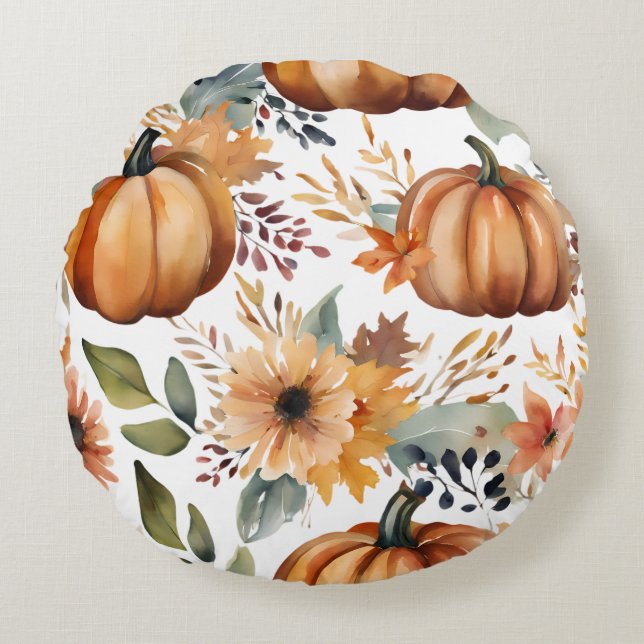 Erntedank Watercolor Pumpkin Floral Pattern Rundes Kissen (Vorderseite)