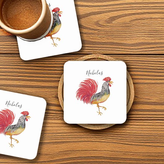Erntedank Watercolor Rooster Personalisiert Rechteckiger Pappuntersetzer