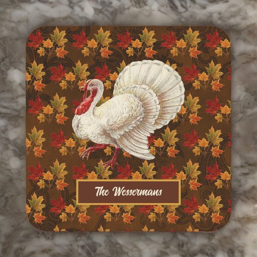 Erntedank White Turkey Herbstleaves Monogramm Rechteckiger Pappuntersetzer