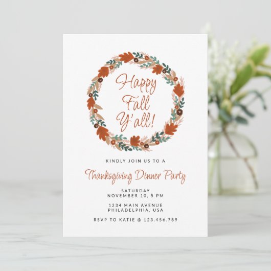 Erntedank Wreath Happy Fall Y’all Dinner Einladung (Stehend Vorderseite)