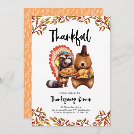 Erntedankabendessen-süße Tiere Einladung (Vorne/Hinten)