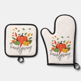 Erntedankfest-Blätter und Kürbis in Herbstfarben Ofenhandschuh & Topflappen-Set