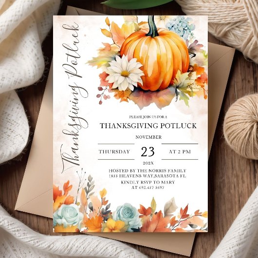 Erntedankfest Potluck Rustikaler Kürbis Herbst  Einladung