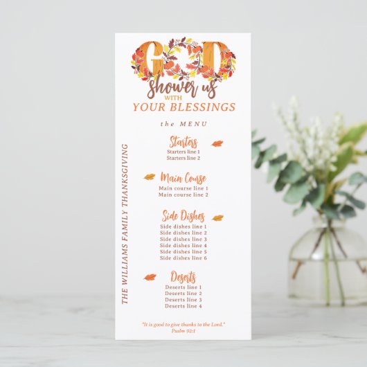 Erntedankfest religiöses Bibelzitat Abendessen Menükarte (Stehend Vorderseite)