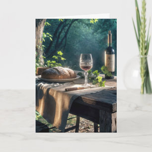 Erntedankfest-Tisch mit Wein im Wald Karte