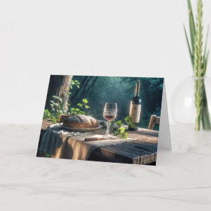 Erntedankfest-Tisch mit Wein in einem Wald Karte