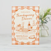 Erntedankfestessen Orange Gingham Einladung (Stehend Vorderseite)