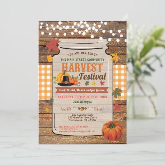 Erntefestival rustikale Holzmaske Glas Party Einladung (Stehend Vorderseite)