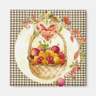 Erntekorb im Landhausstil / Brauner Gingham-Kühlsc Magnet