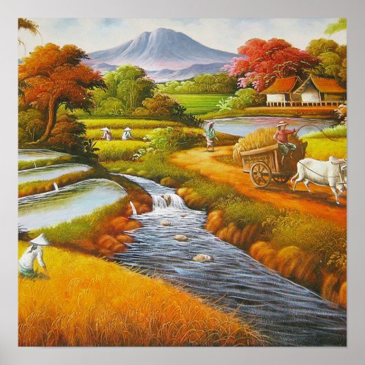 Erntezeit: Eine Landschaft mit einem Berg Poster (Vorne)