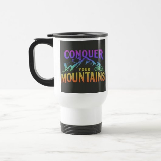 "Erobern Sie Ihre Berge" Reisecoffee Mug. Reisebecher (Links)
