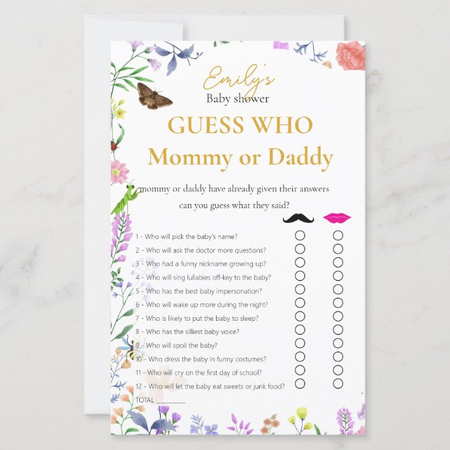 Errate Wer? Mami oder Papi Mädchen Baby Shower Spi (Vorderseite)
