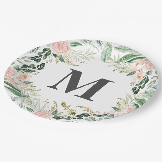 Erröten Blumenmonogramminitiale des rosa Aquarells Pappteller (Schrägansicht)