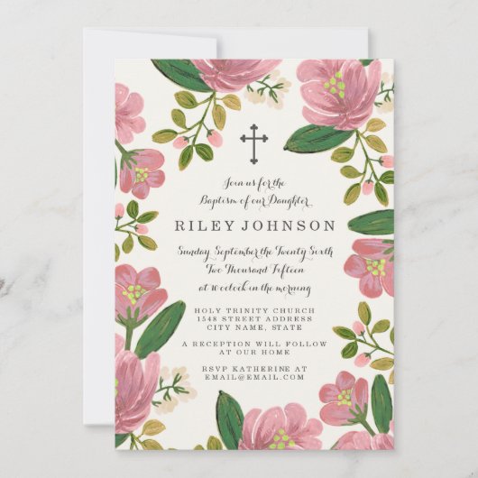 Erröten Blumenstrauß-Taufe Einladung (Vorderseite)