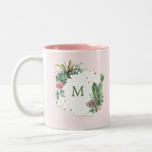 Erröten geometrischer Kaktus mit Monogramm Zweifarbige Tasse