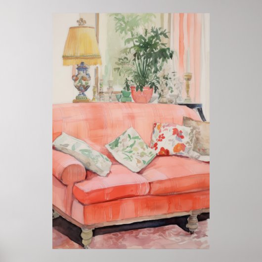 Erröten Komfort – Wasserfarbe Rosa Sofa Wohnzimmer Poster (Vorne)