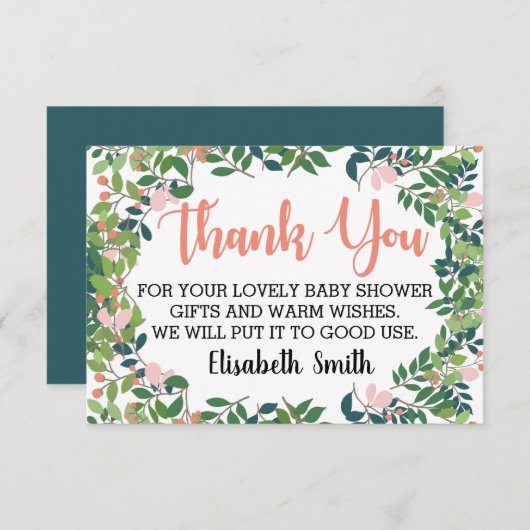 Erröten Pfirsich-Grün-modische Babyparty Dankeskarte (Vorne/Hinten)