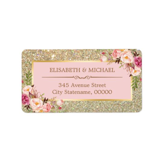 Erröten rosa BlumengoldGlitter-funkelnde Hochzeit Adressaufkleber
