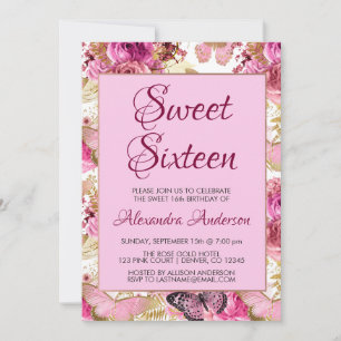Erröten rosa BlumenRosen-16. Geburtstag-Monogramm Einladung