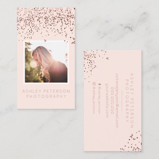 Erröten rosa Confetti-Foto-Fotografietypographie Visitenkarte (Vorne/Hinten)