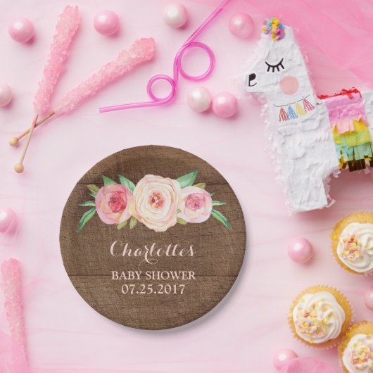 Erröten rosa hölzerne Babyparty-mit Blumenplatte Pappteller (Party)
