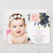 Erröten rosa Marineblaublumenmädchentaufe-Foto Einladung (Vorderseite)
