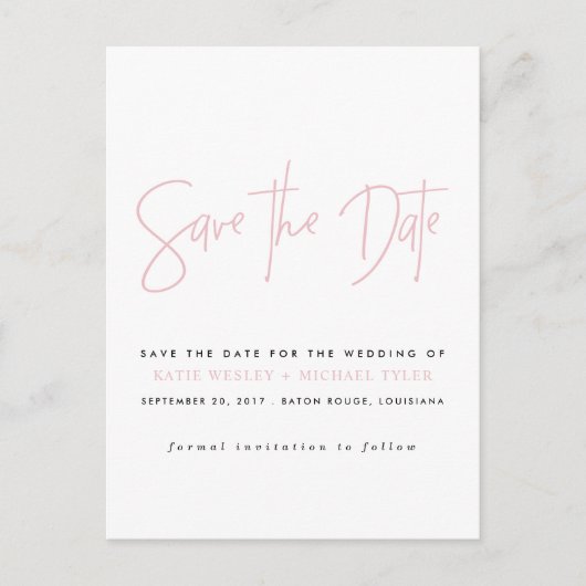 Erröten rosa Typografie Save the Date Ankündigungspostkarte (Vorderseite)