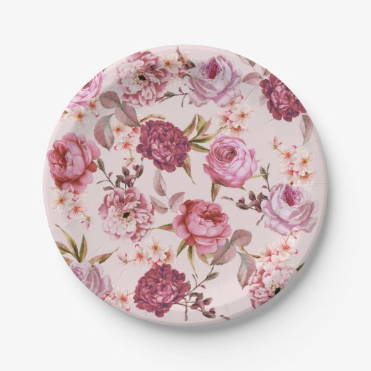 Erröten rosa und roter Watercolor-BlumenRosen Pappteller (Vorderseite)