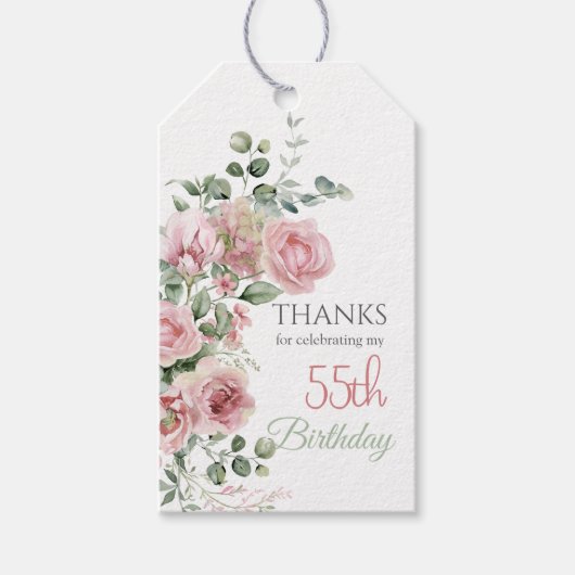 Erröten Rosen Grünzeug Eukalyptus 55. Geburtstag D Geschenkanhänger (Vorderseite)