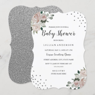 Erröten Sie die silberne Floral-Confetti-Baby-Part Einladung