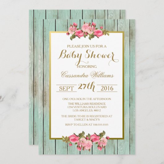 Erröten Sie und Mint - Babyparty-Blumeneinladung Einladung (Vorne/Hinten)